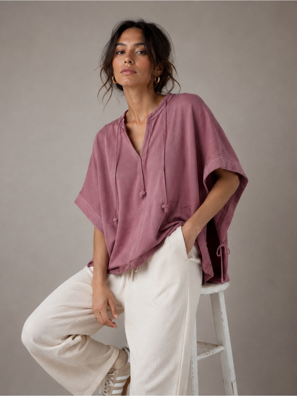 LA Made Pink Fleece Side Tie Poncho Oversized Sweatshirt Top